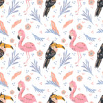 cute flamingo and toucan doodle hand drawn